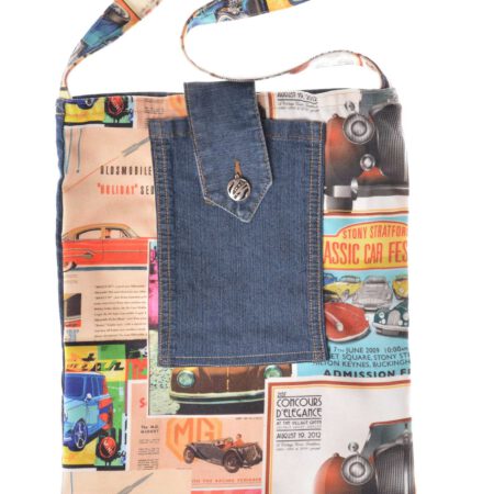 Ежедневна чанта от дънков плат и шарен плат с десен на автомобили