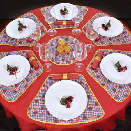 Пъстра коледна покривка с елхички и две лица