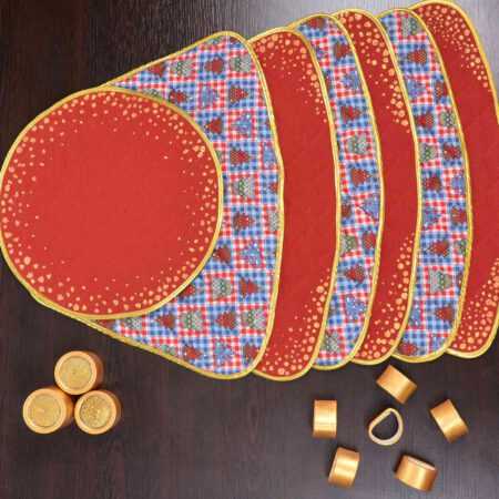 Комплект коледни подложки за хранене за кръгла маса, рингове за салфетки и свещници