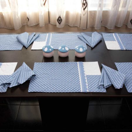 Съдържание на комплект с подложки в синьо на бели точки